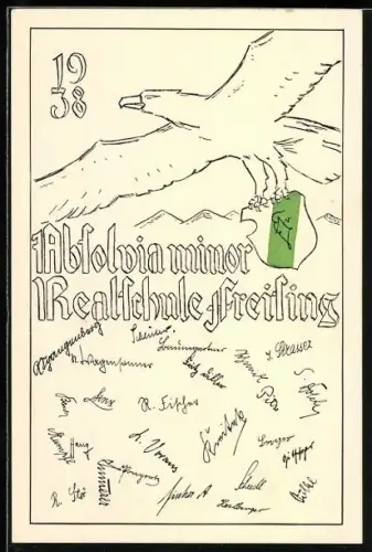 Künstler-AK Freising, Absolvia minor Realschule Freising 1938, Adler mit Studentenwappen