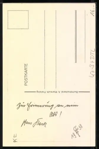 Künstler-AK Freising, Absolvia minor Realschule Freising 1938, Adler mit Studentenwappen