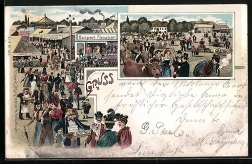 Lithographie Volksfest, AK-Verkauf, Feinbäckerei v. J. Schulze, Kasperl Theater