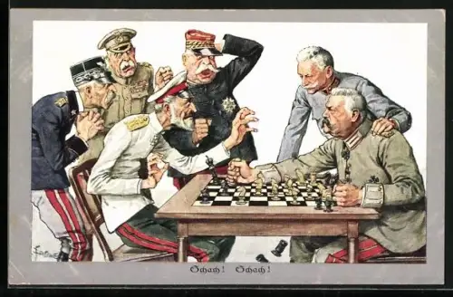 Künstler-AK Th.Zasche: Schach! Schach!, Paul von Hindenburg spielt mit einem russischen General Schach