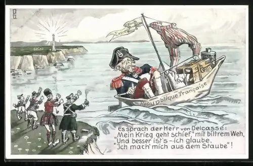 AK Französischer Minister Delcassé flieht mit einem Boot nach Amerika, Propaganda 1. Weltkrieg