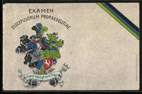Künstler-AK Studentenwappen mit Degen, Examen Discipulorum Propaedeutiae