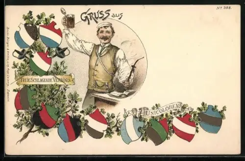 Künstler-Lithographie Bruno Bürger & Ottillie Nr. 388: Studentenwappen, Burschenschaftler mit Bier