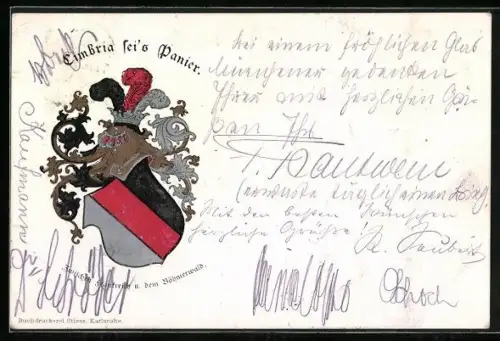 Lithographie Studentenwappen mit Helm, Cimbria sei`s Panier