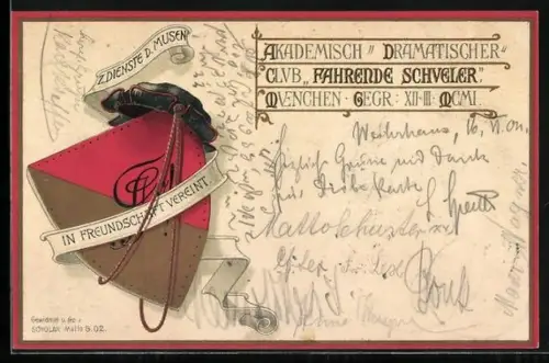 Lithographie München, Studentenwappen Akademisch Dramatischer Club Fahrende Schüler