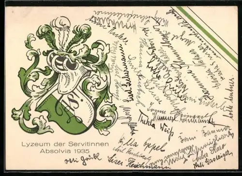 Künstler-AK Lyzeum der Servitinnen Absolvia 1935, Studentenwappen in Weiss und Grün
