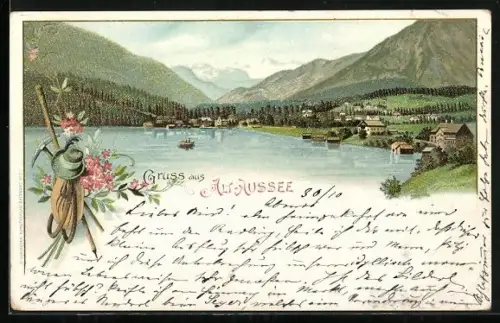 Vorläufer-Lithographie Altaussee, 1895, Blick zum Ort, Bergsteigerausrüstung