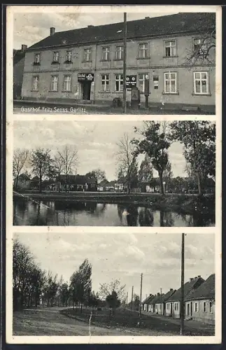 AK Garlitz, Gasthaus Fritz Senss, Flusspartie im Ort