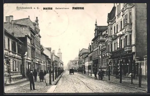 AK Schönebeck a. E., Partie in der Salzerstrasse mit Zigarrengeschäft und Auto