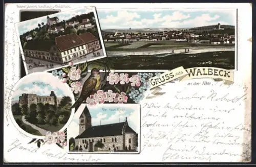 Lithographie Walbeck /Aller, Robert Looses Gasthaus und Conditorei, neue Kirche