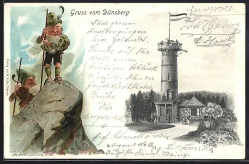 Lithographie Fellingshausen /Dünsberg, Turm mit Flagge und wandernde Zwerge