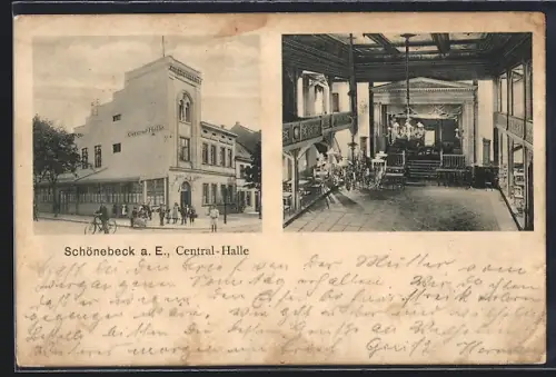 AK Schönebeck a. E., Gasthof Central-Halle mit Strassenpartie und Innenansicht