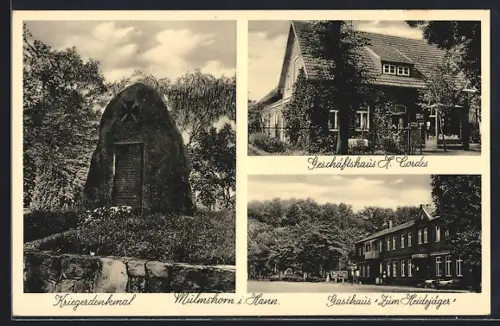 AK Mulmshorn, Gasthaus Zum Heidejäger, Geschäftshaus H. Cardes, Kriegerdenkmal