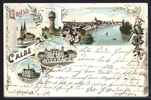 Lithographie Calbe / Saale, Ev. und Kath. Kirchen, Wasserturm, Rathaus und Ortsansicht