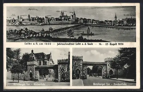 AK Calbe a. S., Jahrtausendfeier 1936, Bernburger Tor, Panorama