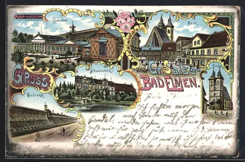 Lithographie Gross-Salze-Bad Elmen, Marktleben, Lindenbad, Schwanenteich & Gradierwerk