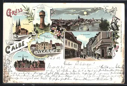Mondschein-Lithographie Calbe / Saale, Querstrasse, Ev. und Kath. Kirche, Wasserturm und Rathaus