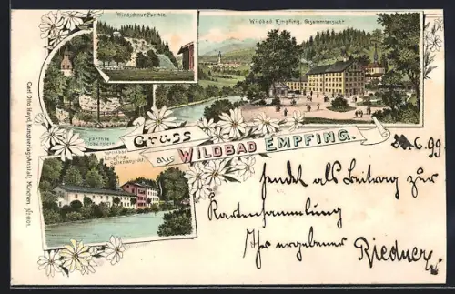 Lithographie Empfing, Ansichten des Wildbads, Klobenstein und Windschnurpartie