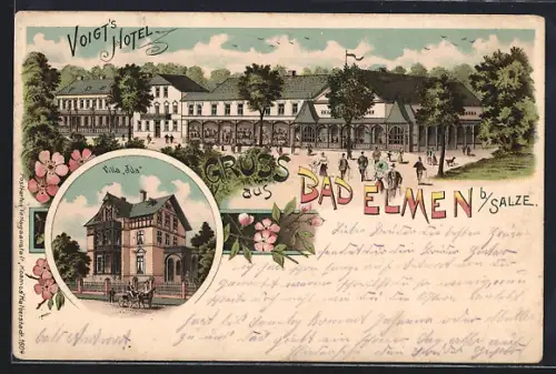 Lithographie Bad Elmen b. Salze, Voigts Hotel, Villa Ida und Kutsche