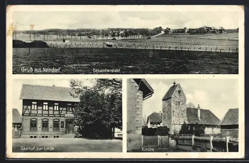 AK Neindorf / Wolfsburg, Gasthof zur Linde von Erich Pape, Kirche und Gesamtansicht