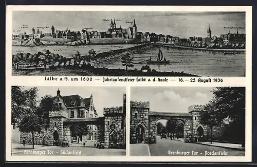 AK Calbe a. S., Jahrtausendfeier 1936, Bernburger Tor, Panorama