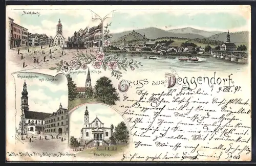 Lithographie Deggendorf, Stadtplatz, Gnadenkirche mit Kloster, Pfarrkirche, Ortsansicht