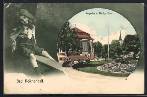 AK Bad Reichenhall, Kurgarten m. Musikpavillon, Passepartout mit sitzendem Mädchen