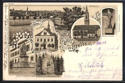 Lithographie Bretten, Rathaus, Melanchthon-Denkmal, Grossherzog Friedrich Gedenkstein, Stiftskirche, Brettener Hunde