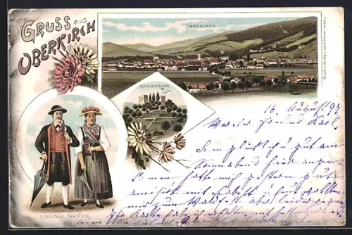 Lithographie Oberkirch / Baden, Totalansicht, Schauenburg, Renchthal Trachten