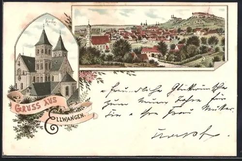 Lithographie Ellwangen, Kirche, Gesamtansicht der Stadt