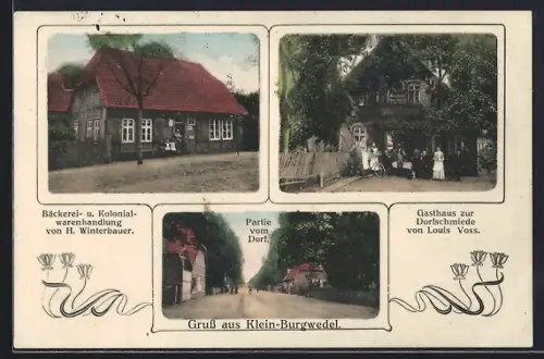 AK Klein-Burgwedel, Gasthaus zur Dorfschmiede von Louis Voss, Bäckerei und Kolonialwarenhandlung von H. Winterbauer