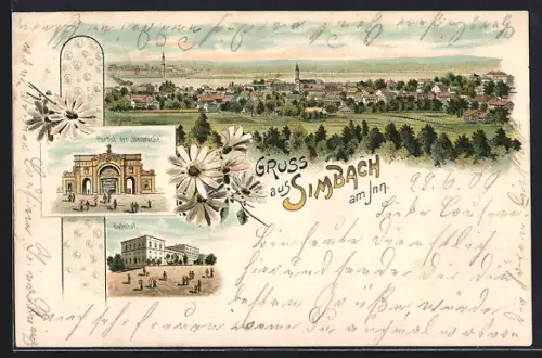 Lithographie Simbach / Inn, Portal der Innbrücke, Bahnhof, Totalansicht