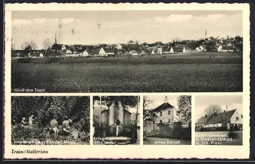 AK Train /Hallertau, Gasthaus und Kolonialwaren, Inh. Joh. Flaxl, Hopfenpflücker bei der Arbeit u.a.