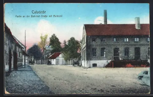 AK Calvörde, Partie an der Bahnhof-Strasse mit Molkerei