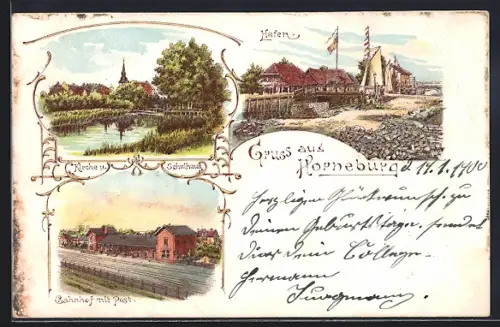 Lithographie Horneburg, Bahnhof mit Post, Kirche und Schulhaus, Hafenpartie