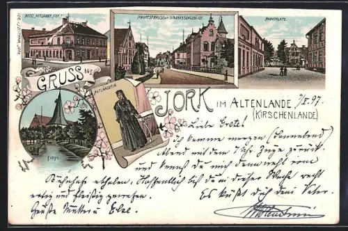 Lithographie Jork im Altenlande, Hotel Altländer Hof, Hauptstrasse mit Sparkassengebäude und Marktplatz