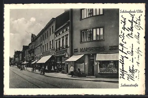 AK Schönebeck /Elbe, Salzerstrasse mit Kaisers Kaffee, Juwelier Gustav Schwartzer und Geschäft Fritz Lindne