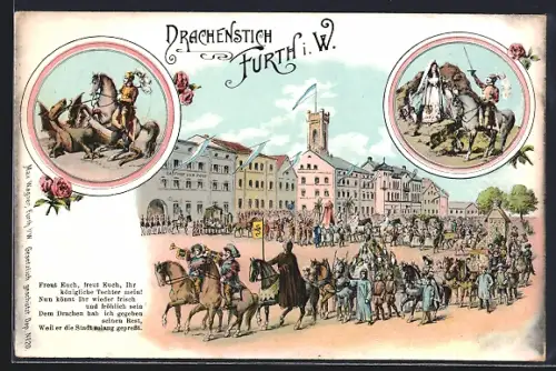 Lithographie Furth i. W., Drachenstich, Szenenbild, Festzug