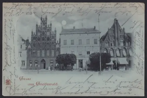 Mondschein-AK Greifswald, Strassenpartie mit altem Giebelhaus