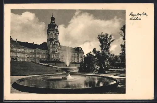 AK Neustrelitz / Meckl., Blick auf Schloss mit Springbrunnen