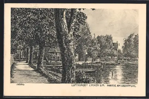 Künstler-AK Lychen /U. M., Partie am Oberpfuhl