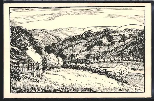 Künstler-AK Herchen a. d. Sieg, Blick auf das ev. Paedagogium Schwalbennest