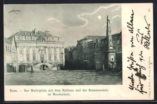 AK Bonn, Der Marktplatz mit Rathaus und Brunnensäule bei Mondschein