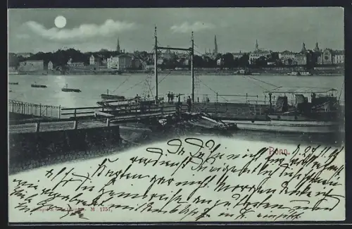 Mondschein-AK Bonn, Schiffanleger mit Schiff und Stadt