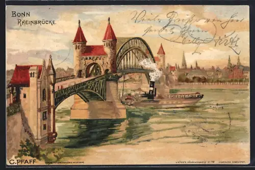 Künstler-AK C. Pfaff: Bonn, Blick auf die Rheinbrücke