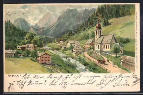 Künstler-AK Edward Harrison Compton: Ramsau / Berchtesgaden, Teilansicht mit Kirche vor Gebirge