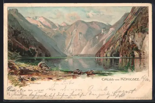 Künstler-AK H. Deuchert: Königsee / Berchtesgaden, Gesamtansicht zwischen den Bergen