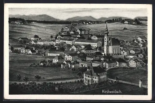 Künstler-AK Kirchweidach, Totalansicht aus der Vogelschau