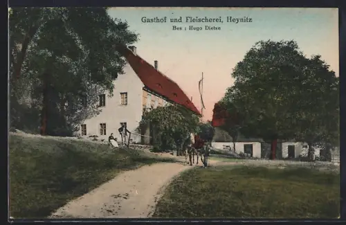 AK Heynitz, Gasthof und Fleischerei Dietze mit Leuten