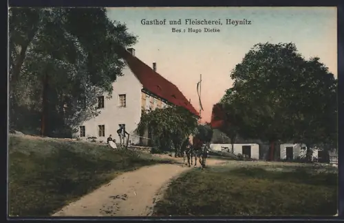 AK Heynitz, Gasthof und Fleischerei Dietze mit Leuten